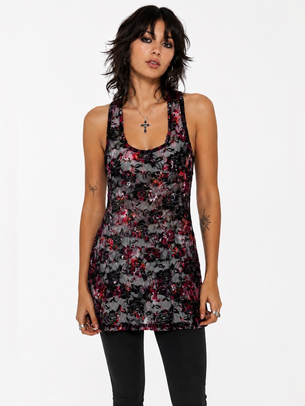 Wet Seal Floral Mesh Tunic Tank L Y2K Indie Sleaze Mall Goth Grunge Scene